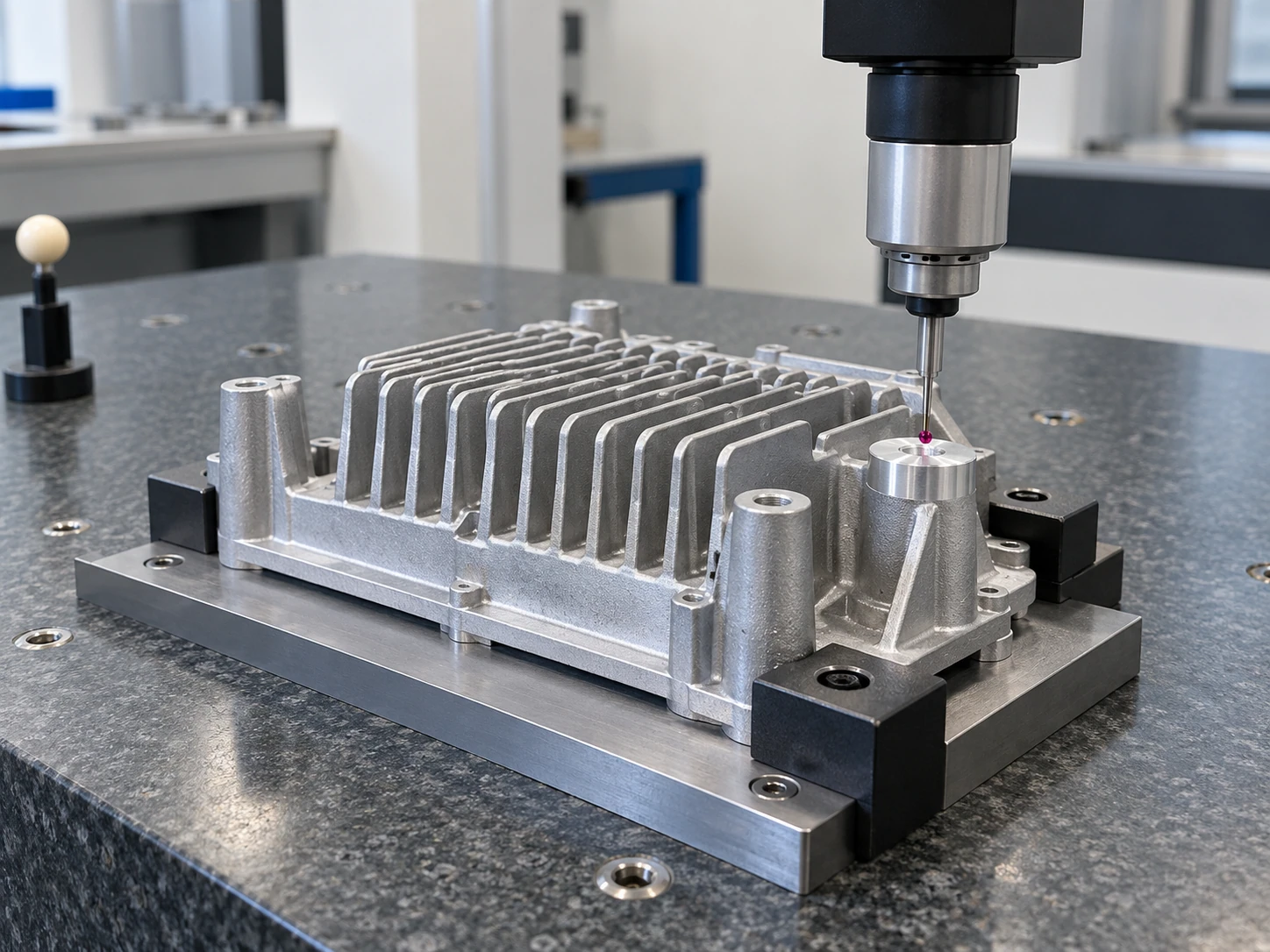 Ruby-ball CMM probe inspecting a machined datum on a supported die cast aluminum heat sink