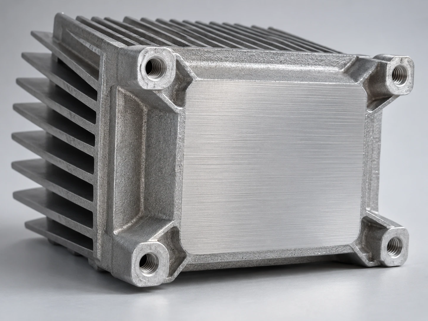 CNC-finished thermal contact pad and four threaded mounting bosses on a die cast heat sink