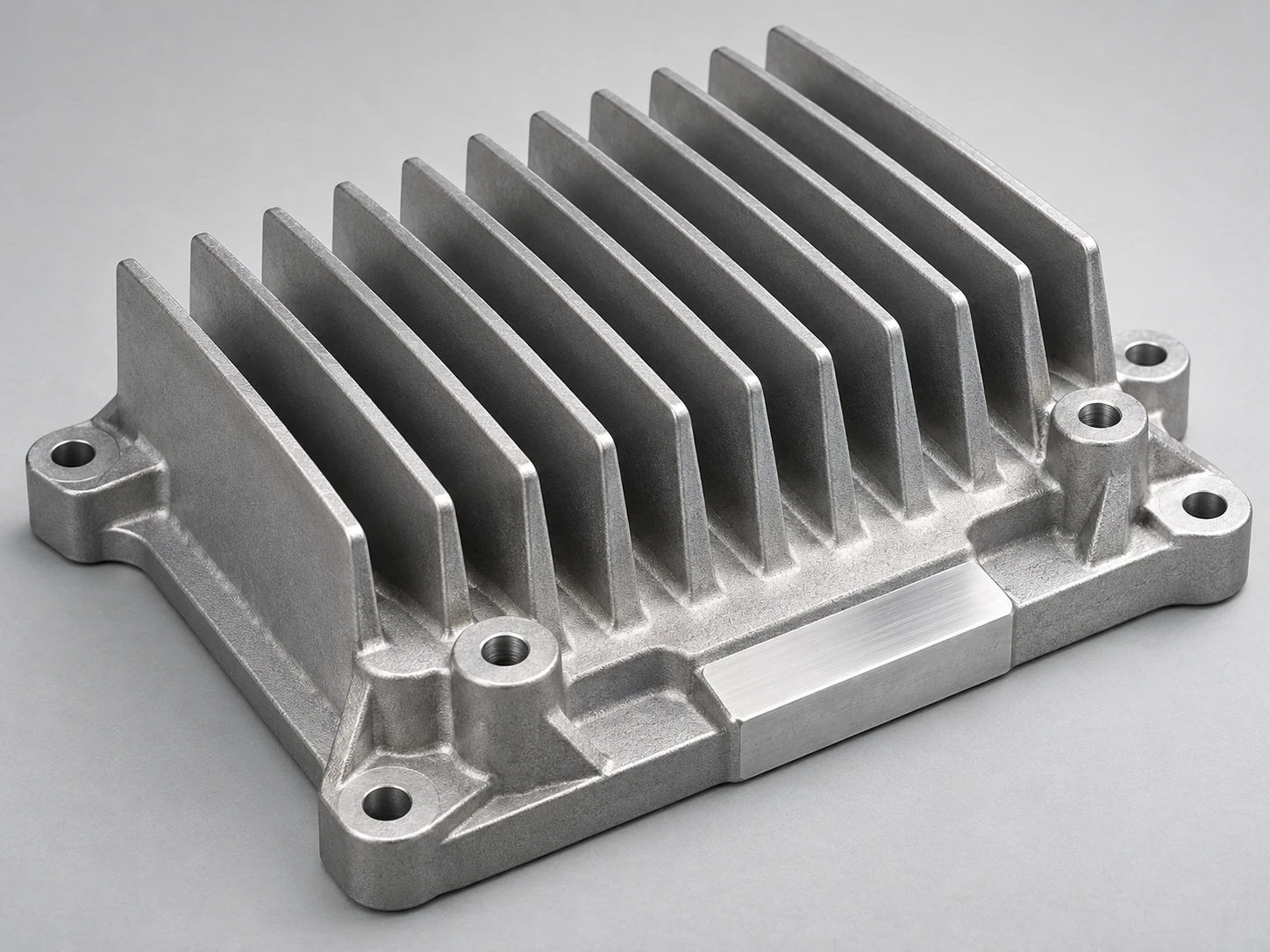 Die cast aluminum heat sink with integrated mounting bosses, filleted fin roots and a machined interface