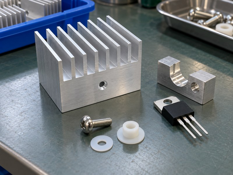 DIY voltage regulator heat sink with a clear mounting land and separate drill fixture
