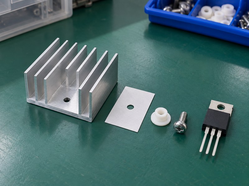 DIY voltage regulator heat sink with pad screw and insulating shoulder components