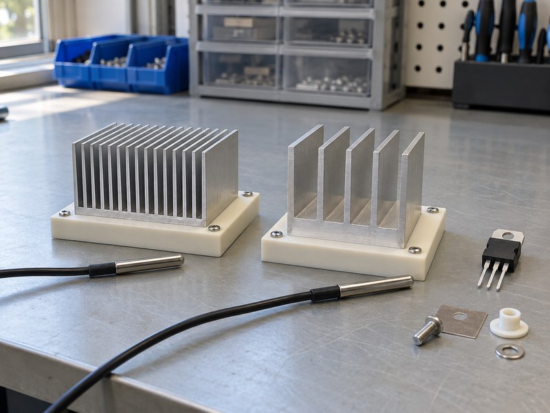 DIY voltage regulator heat sink samples on an unpowered comparison fixture