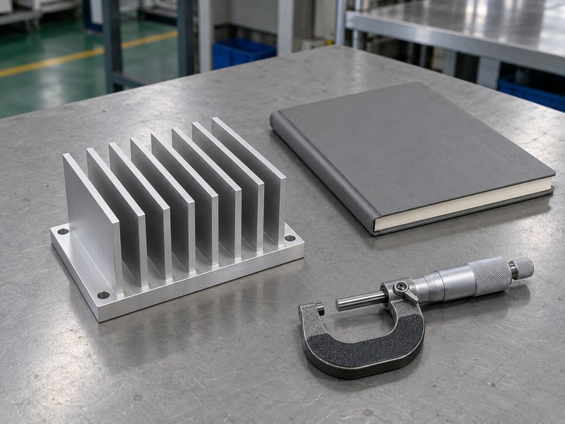 DIY voltage regulator heat sink prototype with separate review tools and notebook