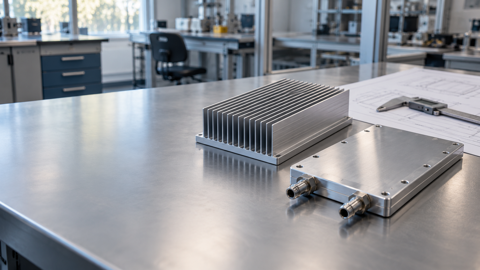 Engineering workbench with an aluminum extruded heat sink, closed liquid cold plate, caliper and drawings