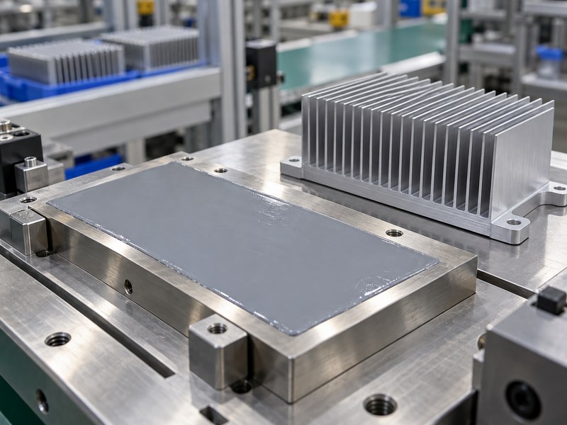 epoxy to attach heat sink to stainless steel shown as a thin controlled layer before assembly