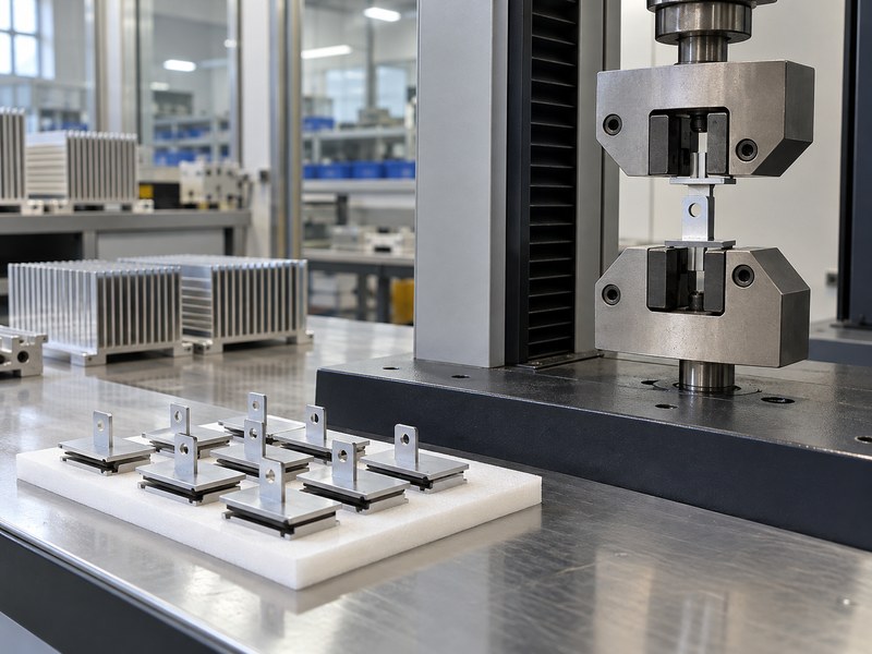 epoxy to attach heat sink to stainless steel qualification coupons beside a mechanical test fixture