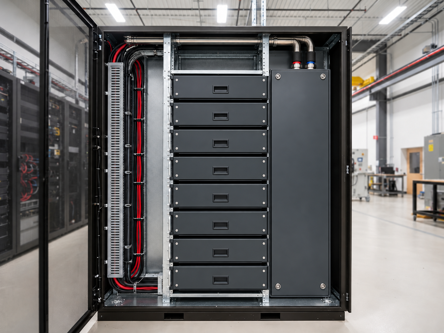 Open stationary BESS rack with enclosed battery drawers, protected coolant distribution and separated electrical routing