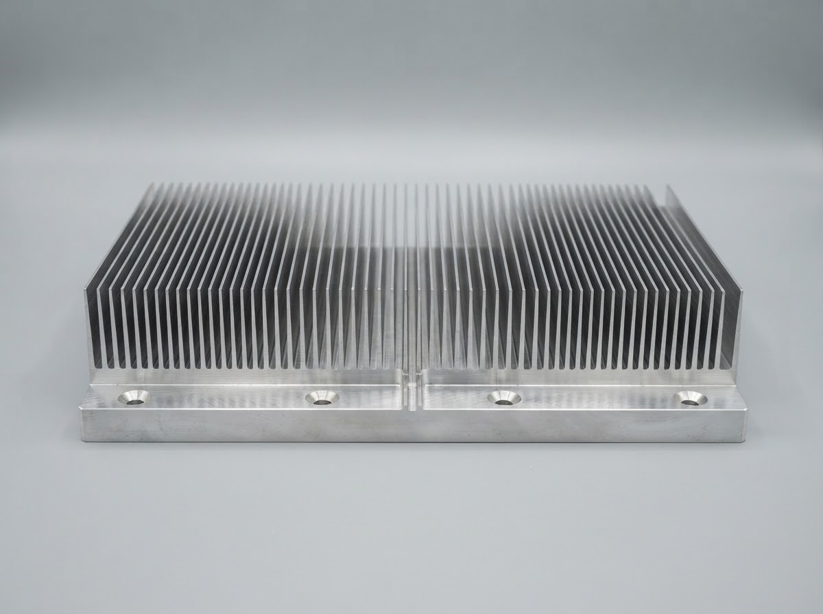 Large industrial bonded-fin aluminum heat sink with straight dense cooling fins and mounting plate