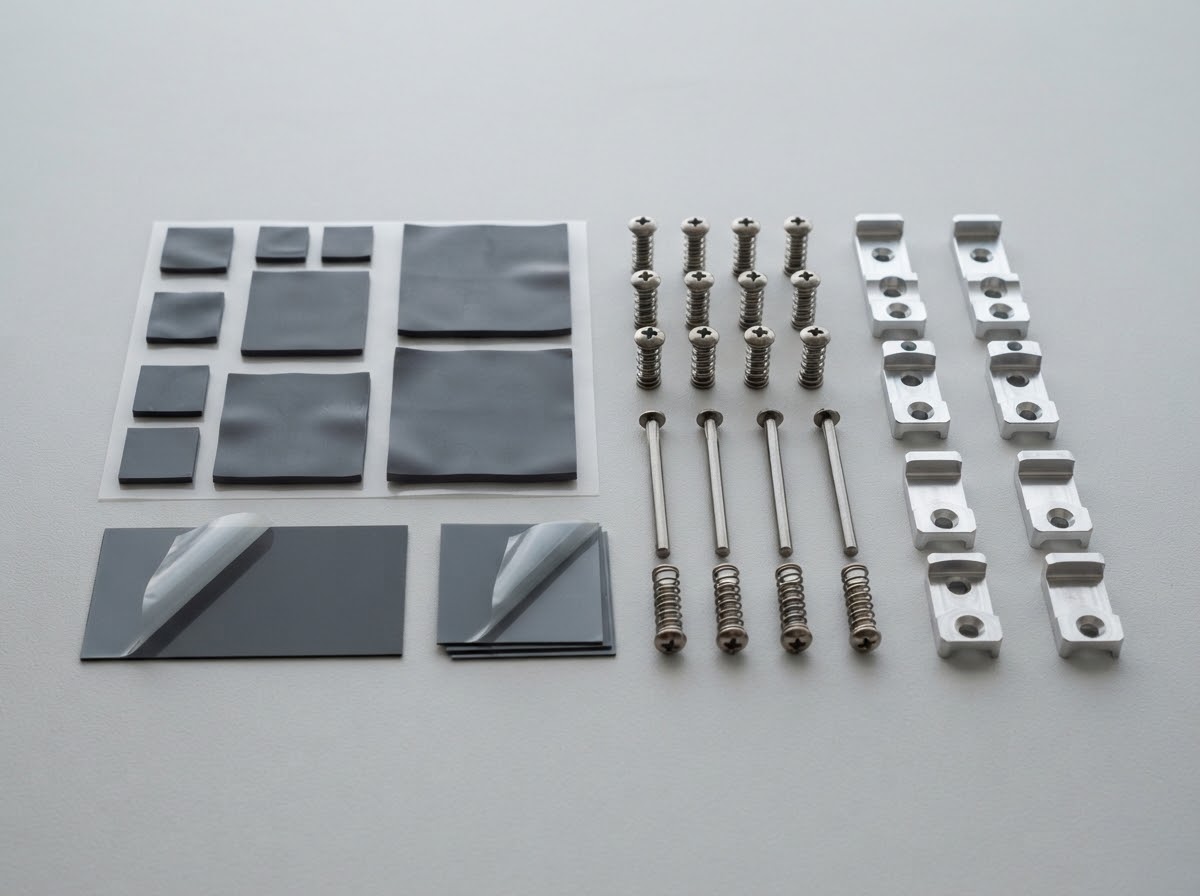 Precision thermal interface materials, phase-change gap pads, and spring-loaded retention hardware