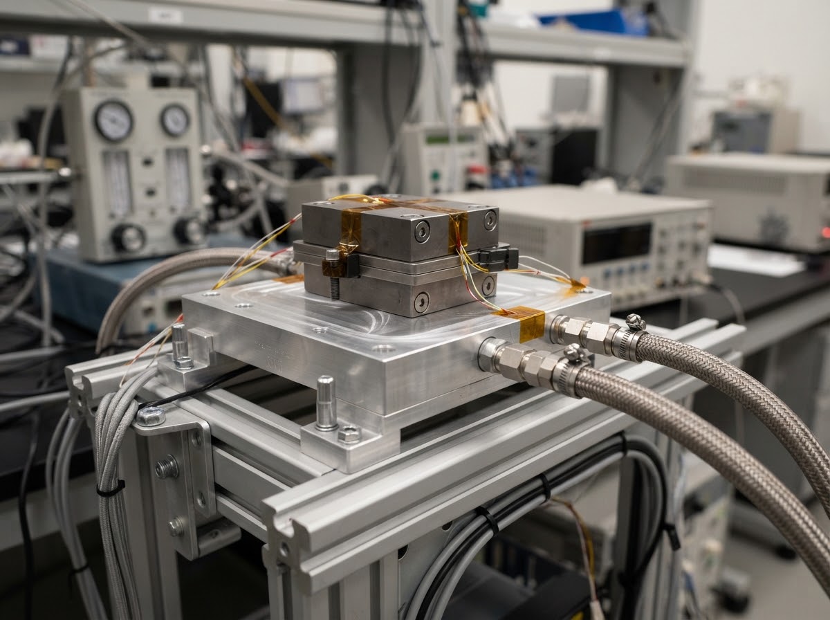Thermal laboratory test bench with mounted liquid cold plate and electrical dummy heater