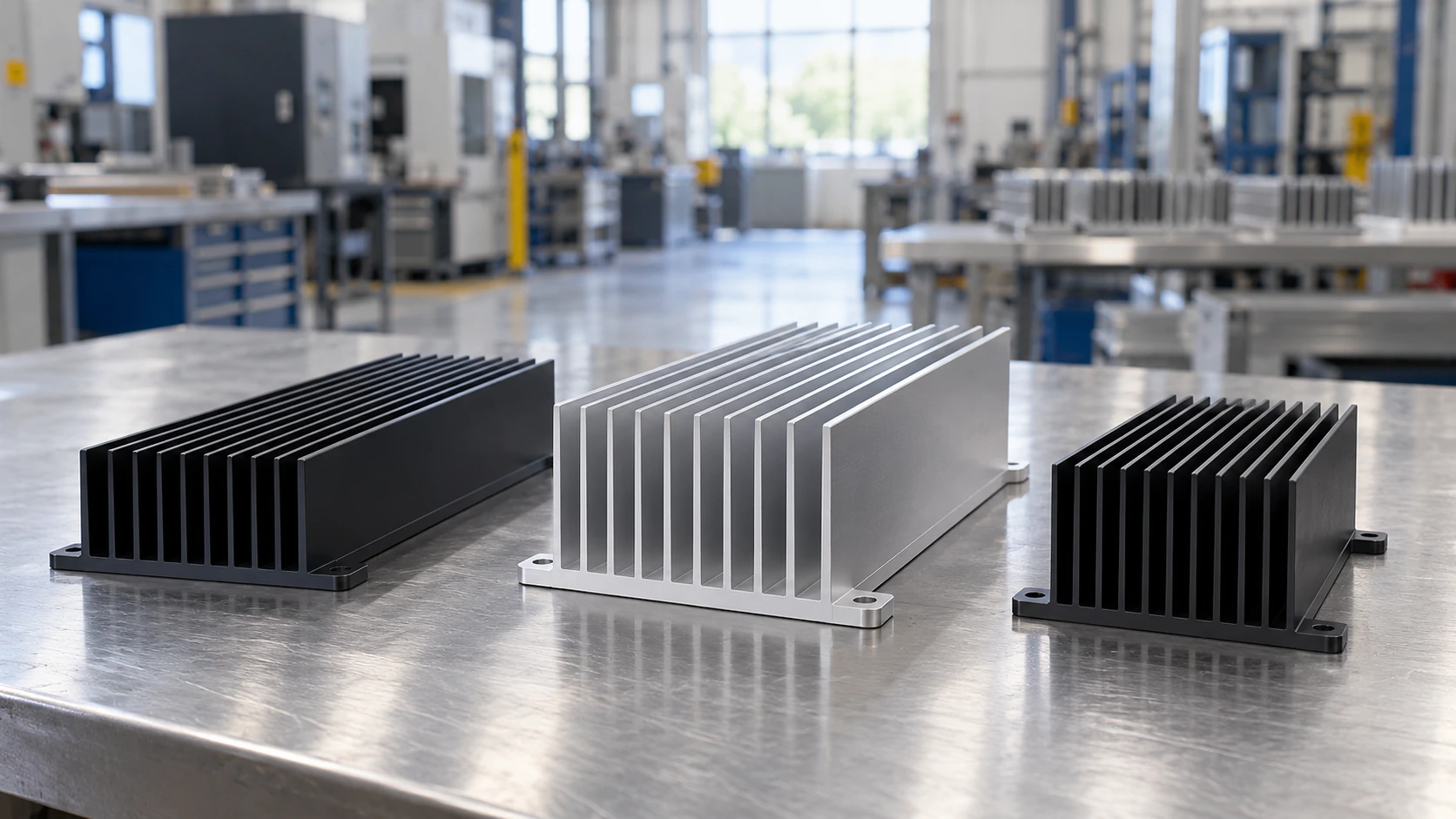 Three one-piece anodized aluminum extruded heat sink profiles on an industrial inspection bench