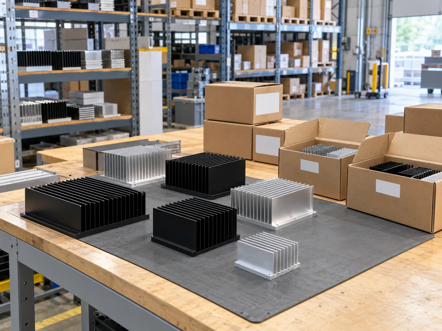 Aluminum heat sink samples and separated cartons on an industrial distribution picking bench