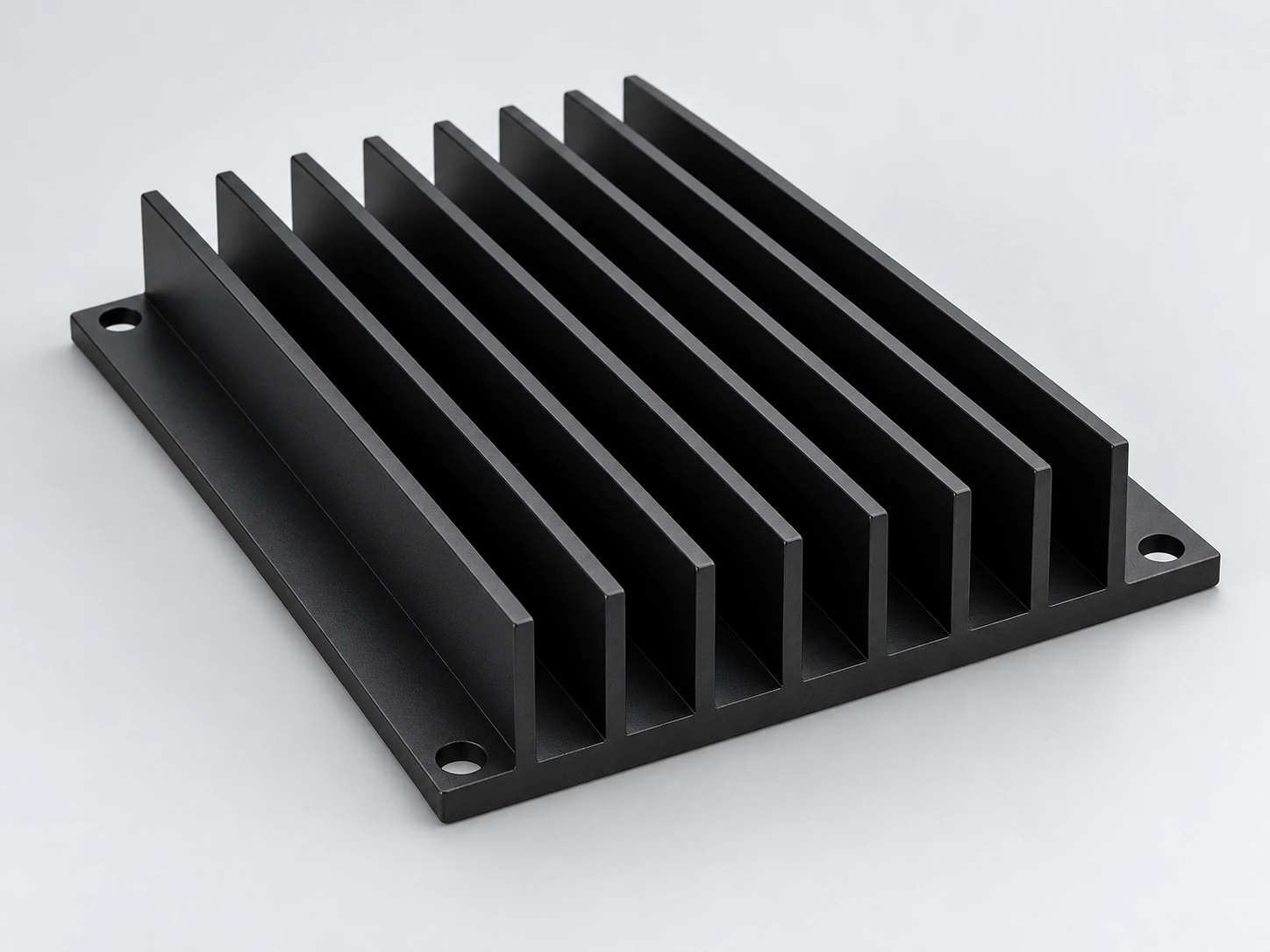 Compact black anodized aluminum extruded heat sink with integral parallel fins and side mounting holes