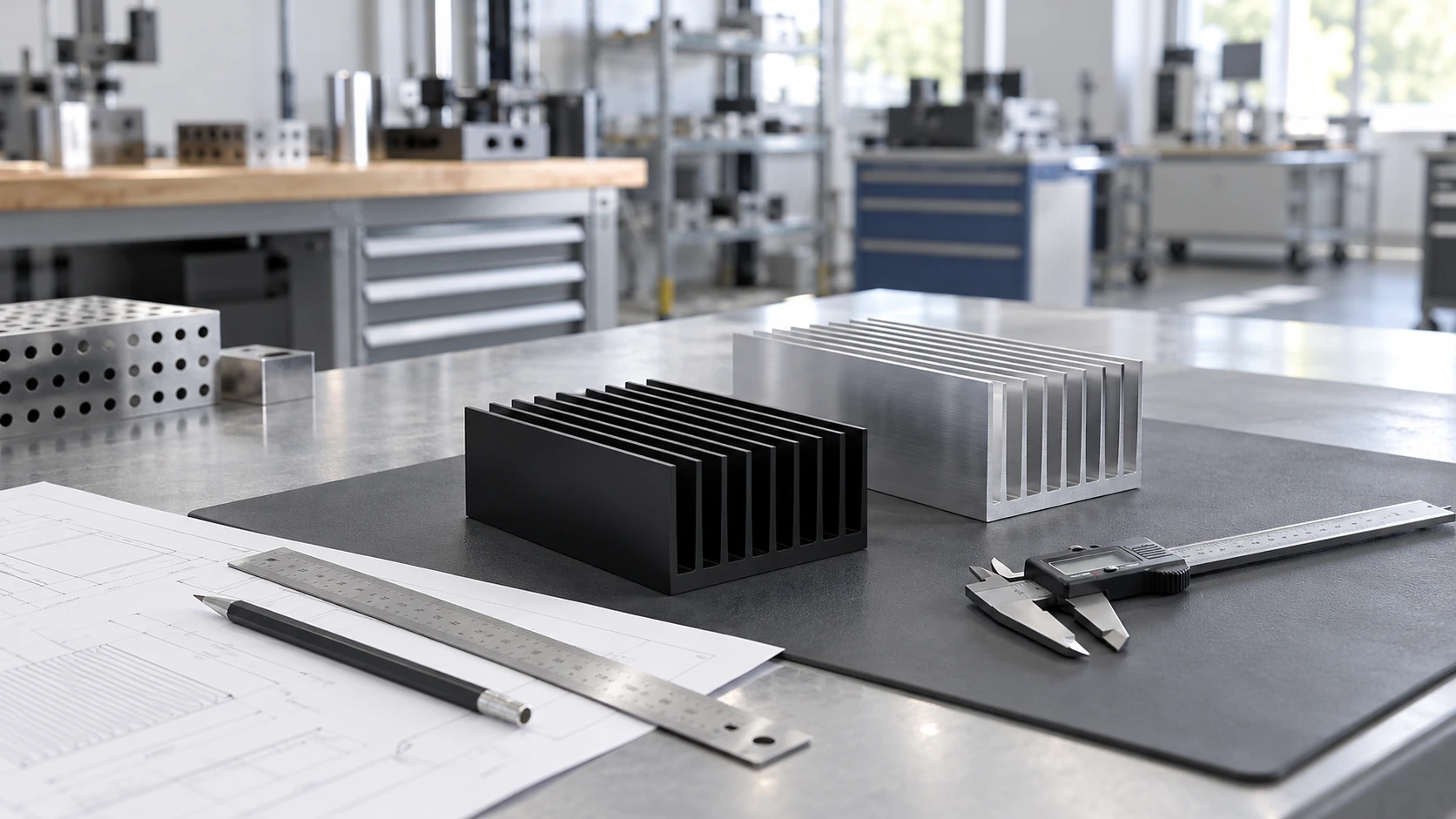 Extruded aluminum heat sink samples with measuring tools and drawings on an engineering workbench