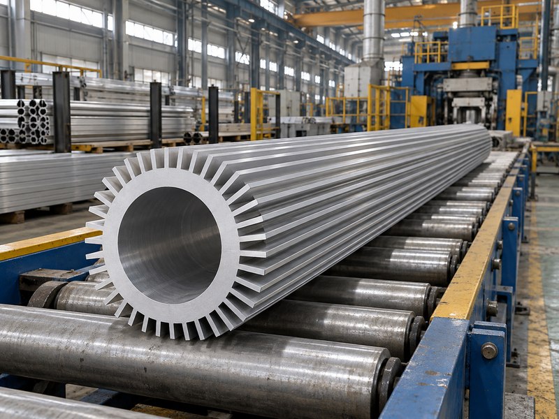 Extruded tubular heat sink samples near an idle extrusion press