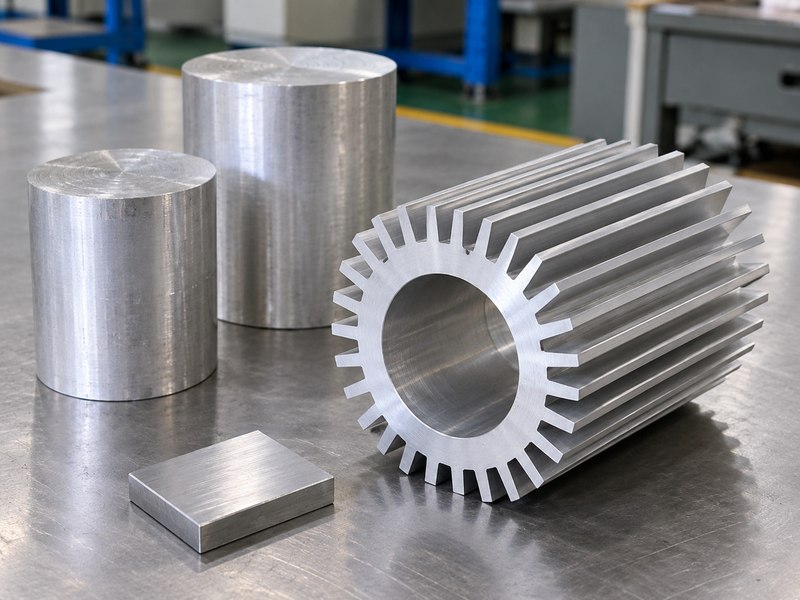 Extruded tubular heat sink sample beside unmarked aluminum stock
