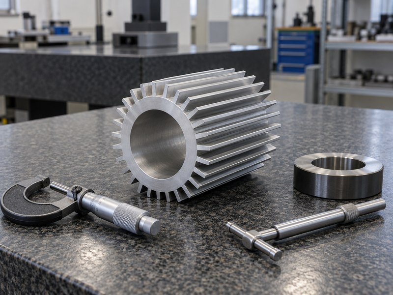 Extruded tubular heat sink bore and envelope checked with suitable gauges