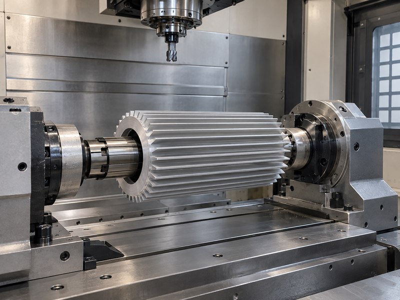 Extruded tubular heat sink supported on an internal fixture in an idle machining setup