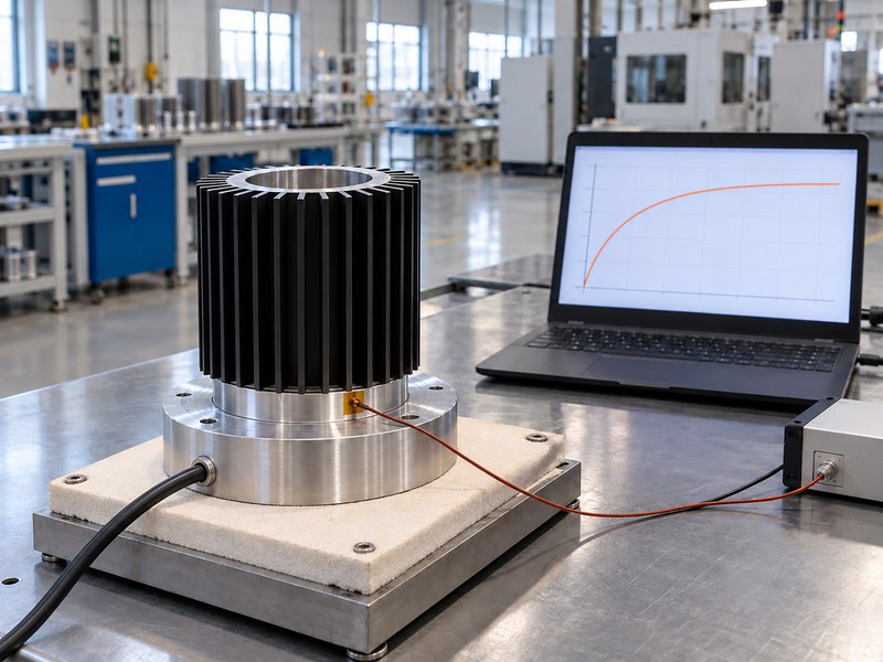 Illustrative extruded tubular heat sink sample validation bench with a response curve