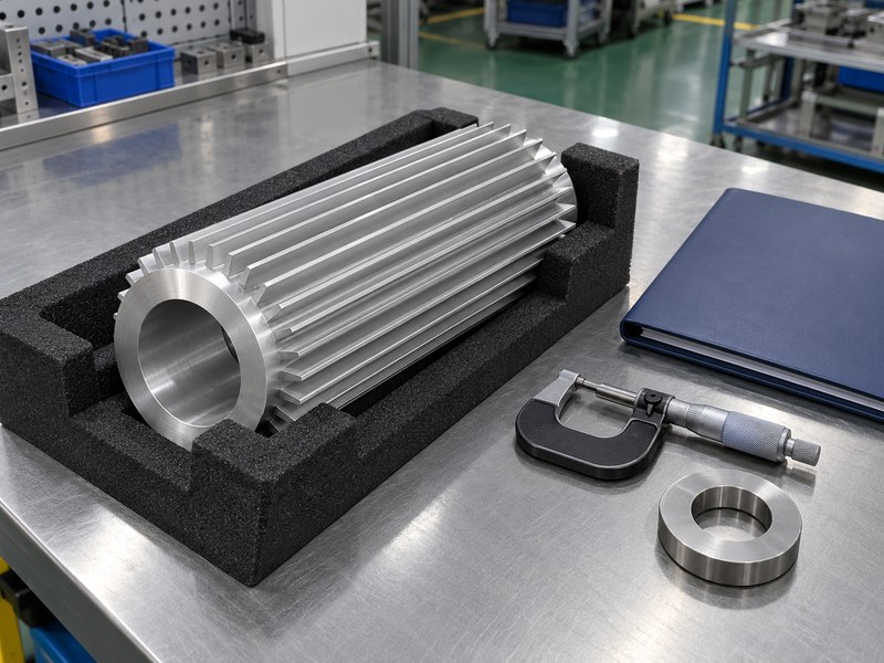 Extruded tubular heat sink production sample with protective packaging and gauges
