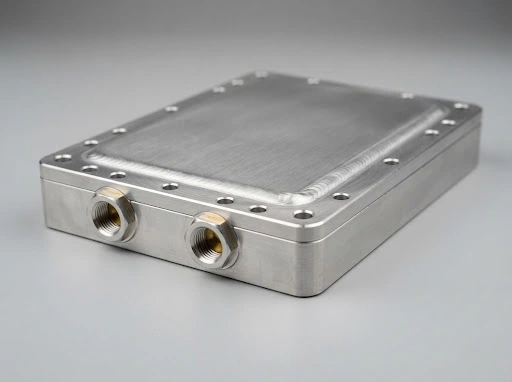 Closed aluminum FSW cold plate with continuous weld seam and threaded liquid ports