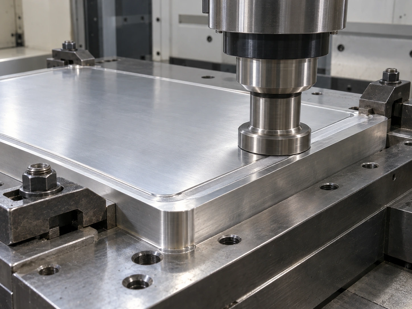Friction stir welding of an aluminum liquid cold plate lid on rigid CNC fixture