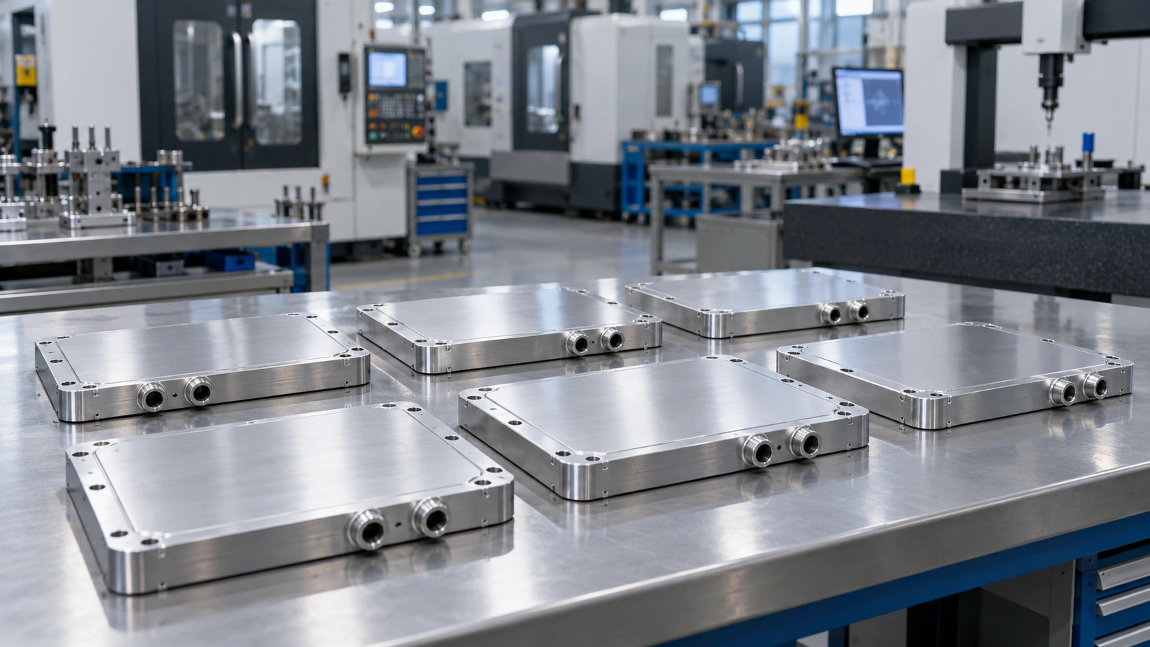 Finished aluminum friction stir welded cold plates on inspection bench
