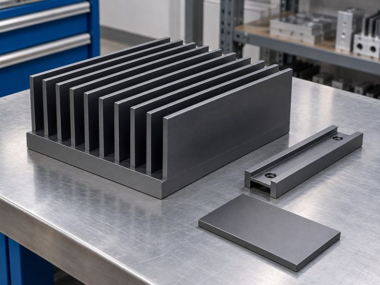 hard anodized aluminum heat sink: dark gray heat sink beside separate mounting rail and finish sample