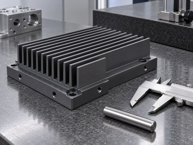 hard anodized aluminum heat sink: coated mounting holes and locating shoulder beside an unused caliper and gauge pin