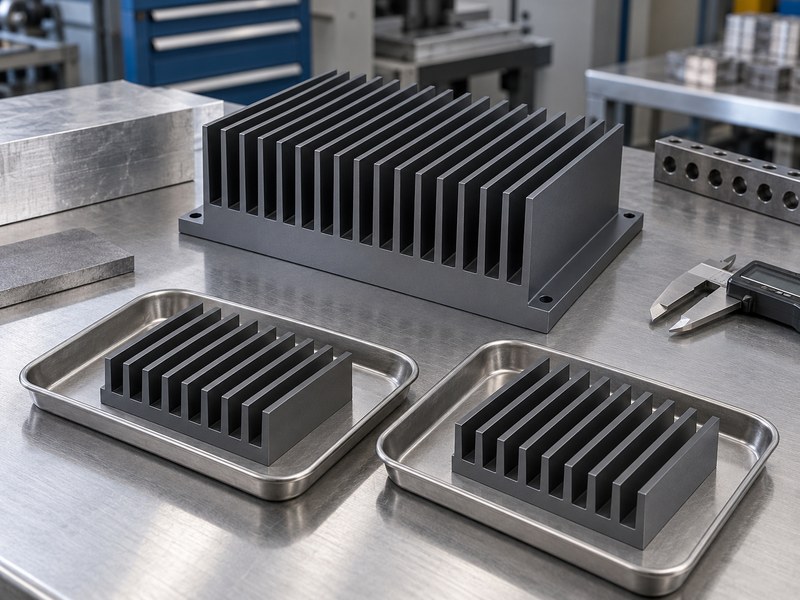 hard anodized aluminum heat sink: heat sink behind two separate finned finish samples in dry trays
