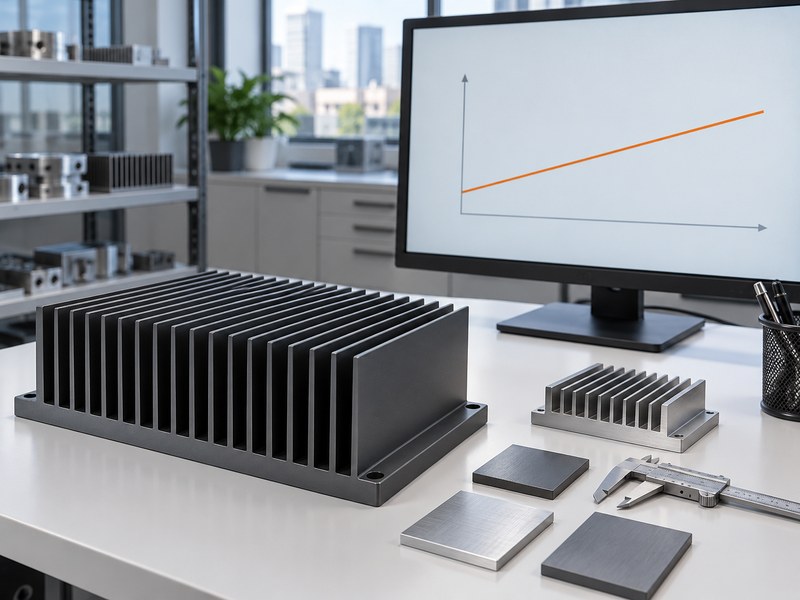 hard anodized aluminum heat sink: heat-sink samples beside an unscaled conceptual coating-resistance trend