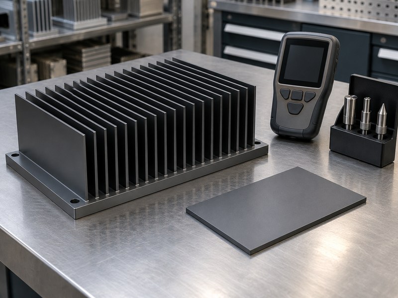 hard anodized aluminum heat sink: heat sink and separate finish sample beside an idle inspection gauge and stored probe tips