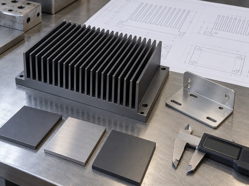 hard anodized aluminum heat sink: coated heat sink with a separate bracket, finish samples and illustrative drawings