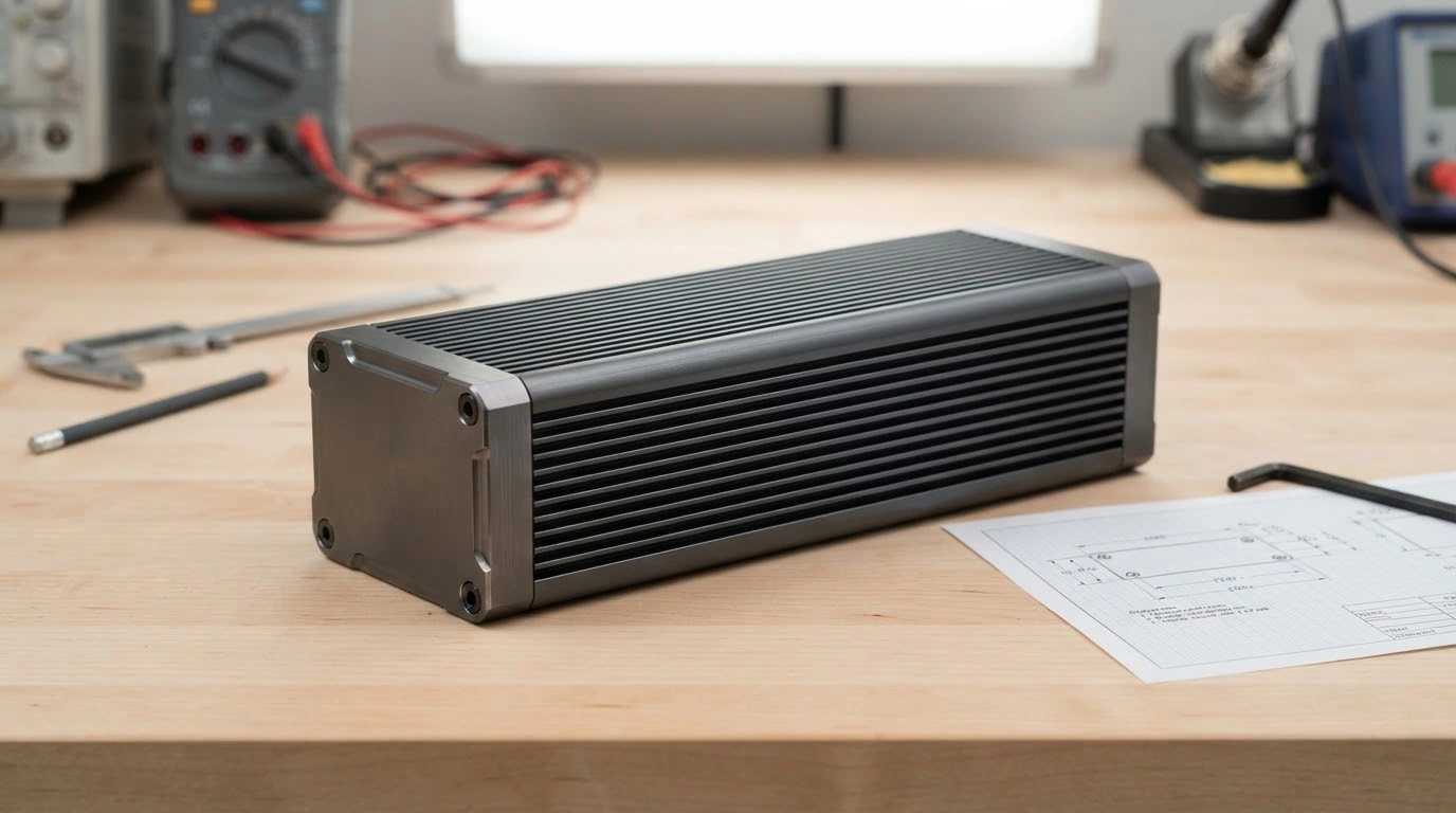 Finned aluminum enclosure on an engineering workbench
