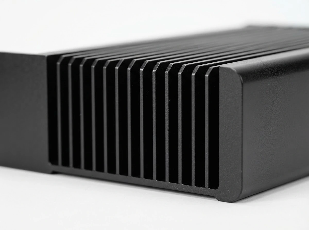 Continuous extruded cooling fins on black anodized aluminum enclosure