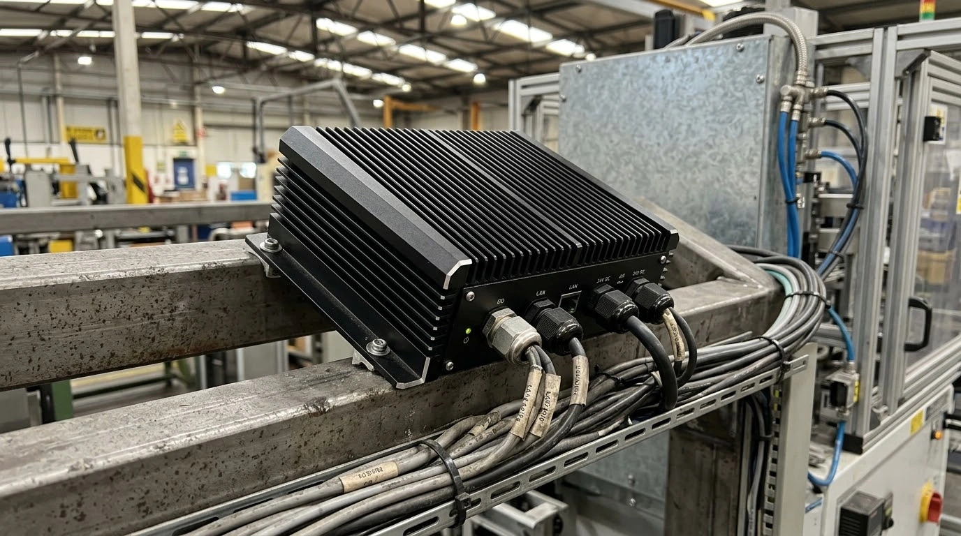 Industrial edge computing finned aluminum enclosure mounted beside factory machinery