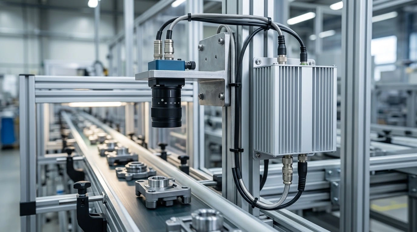 Machine vision and industrial inspection workstation with compact silver finned controller enclosure