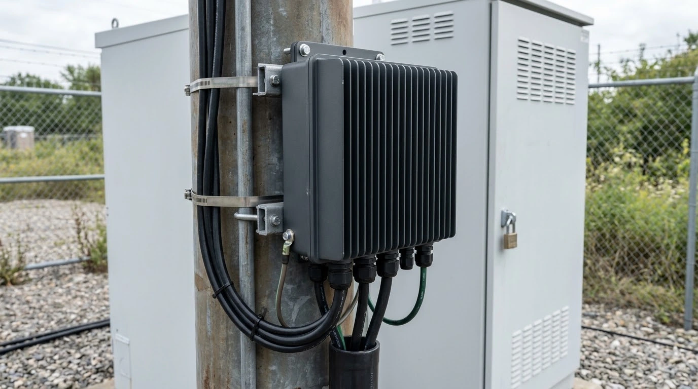 Outdoor finned communications electronics enclosure mounted on utility pole