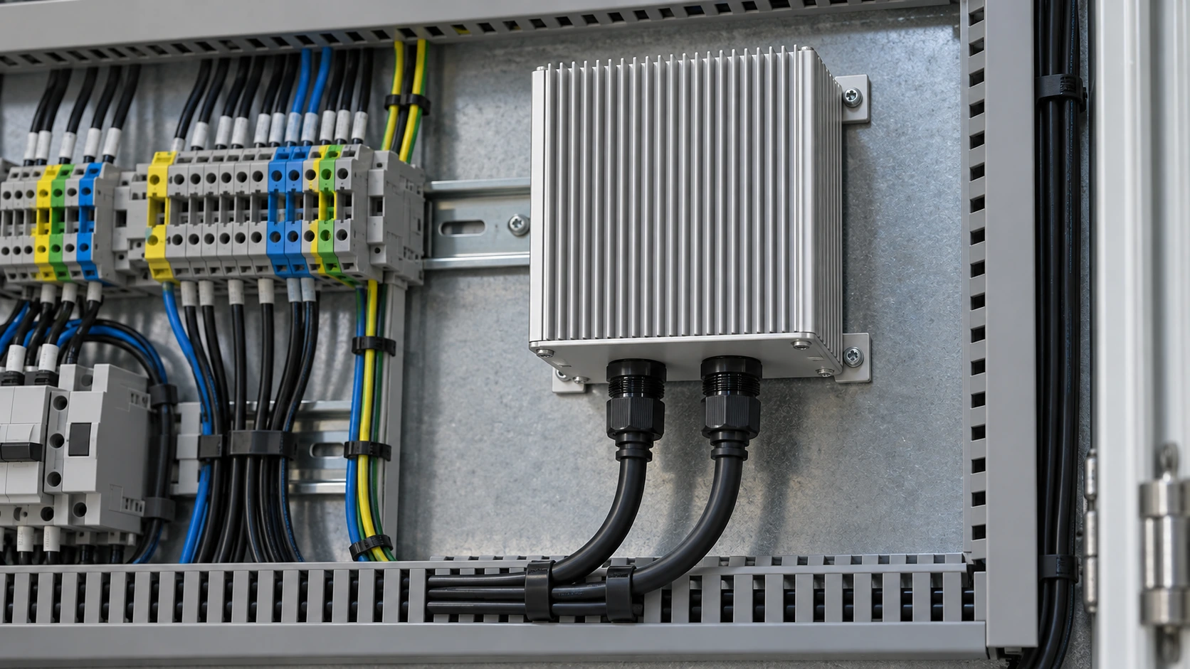 Industrial power and control cabinet with compact finned aluminum enclosure on sub-panel