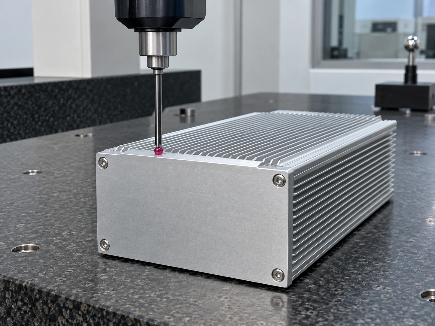 Coordinate measuring machine inspecting extruded aluminum heat sink enclosure dimensions on granite surface table