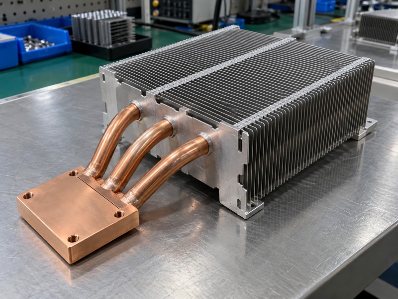 Complete heat pipe heat sink assembly on an engineering bench