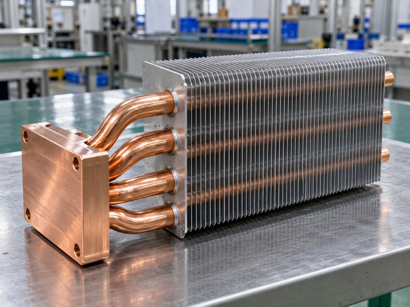 heat pipe heat sink condenser regions joined to aluminum fins