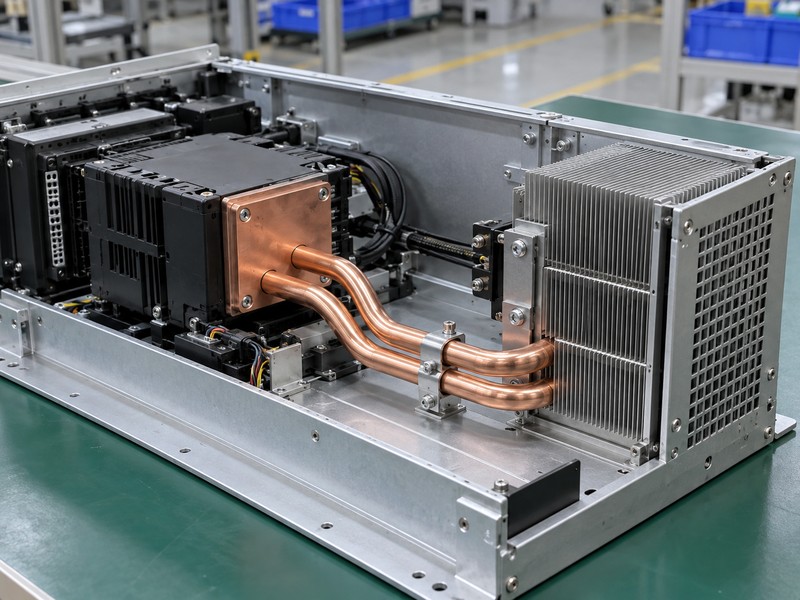 Remote fin heat pipe heat sink fitted around enclosure obstacles
