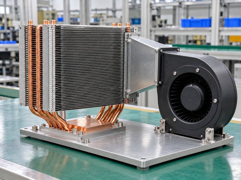 heat pipe heat sink fin arrays beside a compact blower