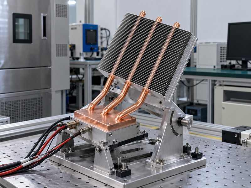 heat pipe heat sink held in an adjustable orientation fixture