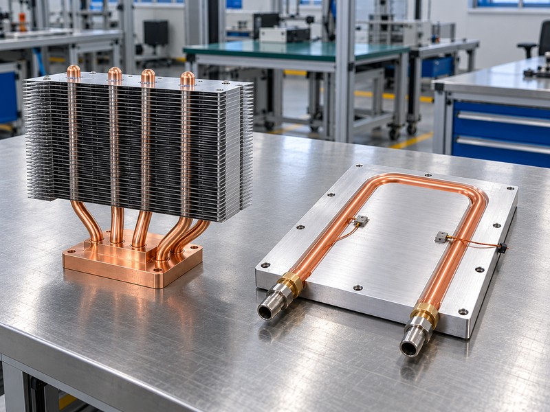 heat pipe heat sink beside a pumped tube-in-plate cold plate