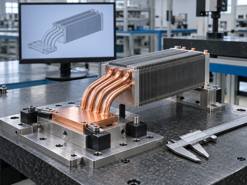 heat pipe heat sink sample with measurement fixtures and CAD display