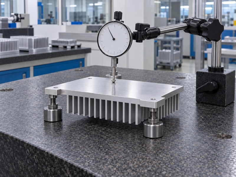 Illustrative heat sink base inspection with supports under thick mounting flanges and unloaded fins