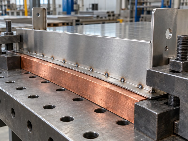 heat sink for welding stainless steel supporting a sheet with spaced tack welds