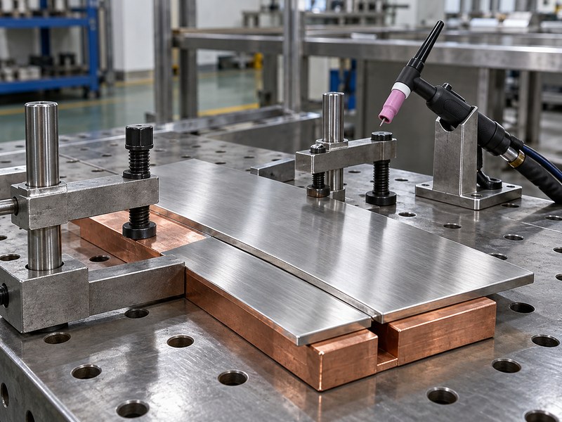 heat sink for welding stainless steel setup with an inactive TIG torch and copper backing